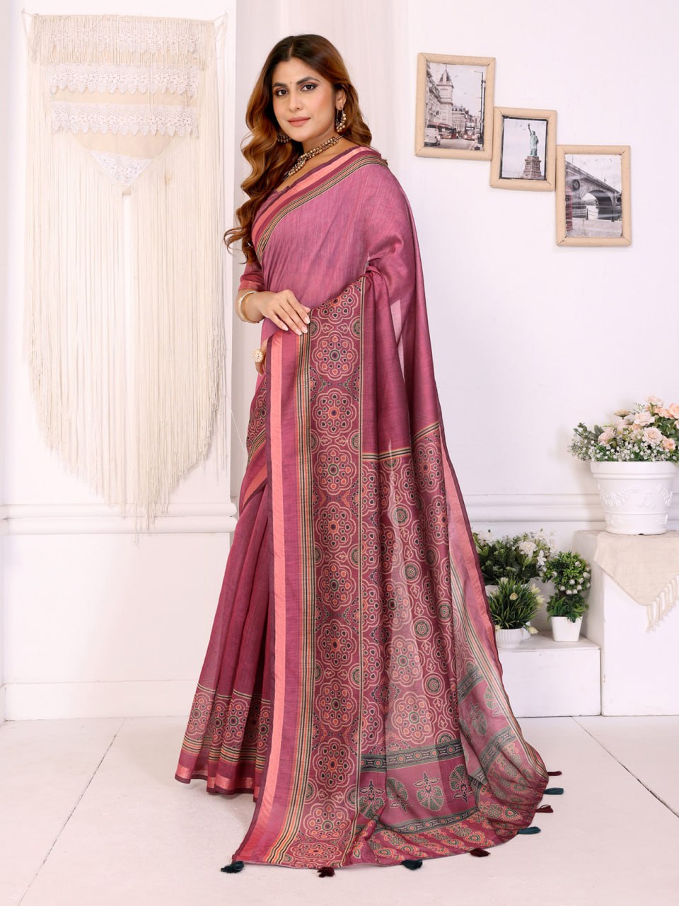 Rosewood Elegance Chanderi Saree with Ethnic Motif Border