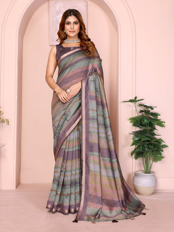 Vibrant Geometric Weaves Chanderi Saree with Contrasting Striped Border