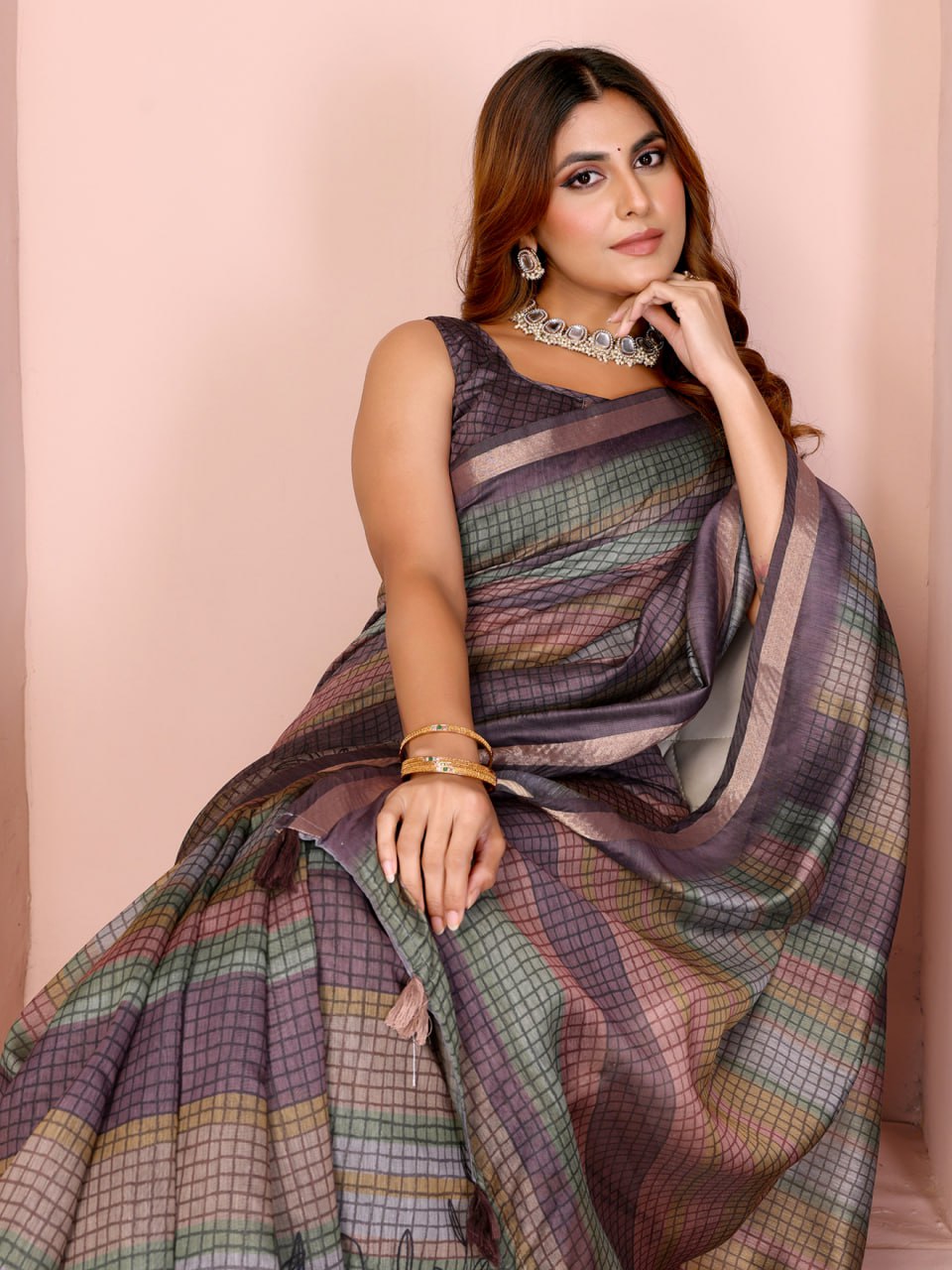 Vibrant Geometric Weaves Chanderi Saree with Contrasting Striped Border