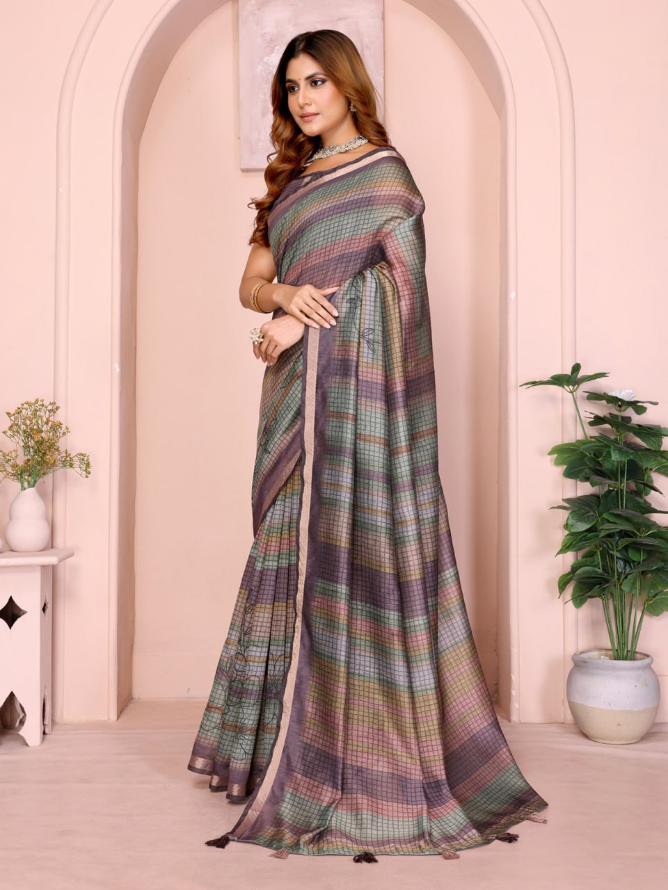 Vibrant Geometric Weaves Chanderi Saree with Contrasting Striped Border