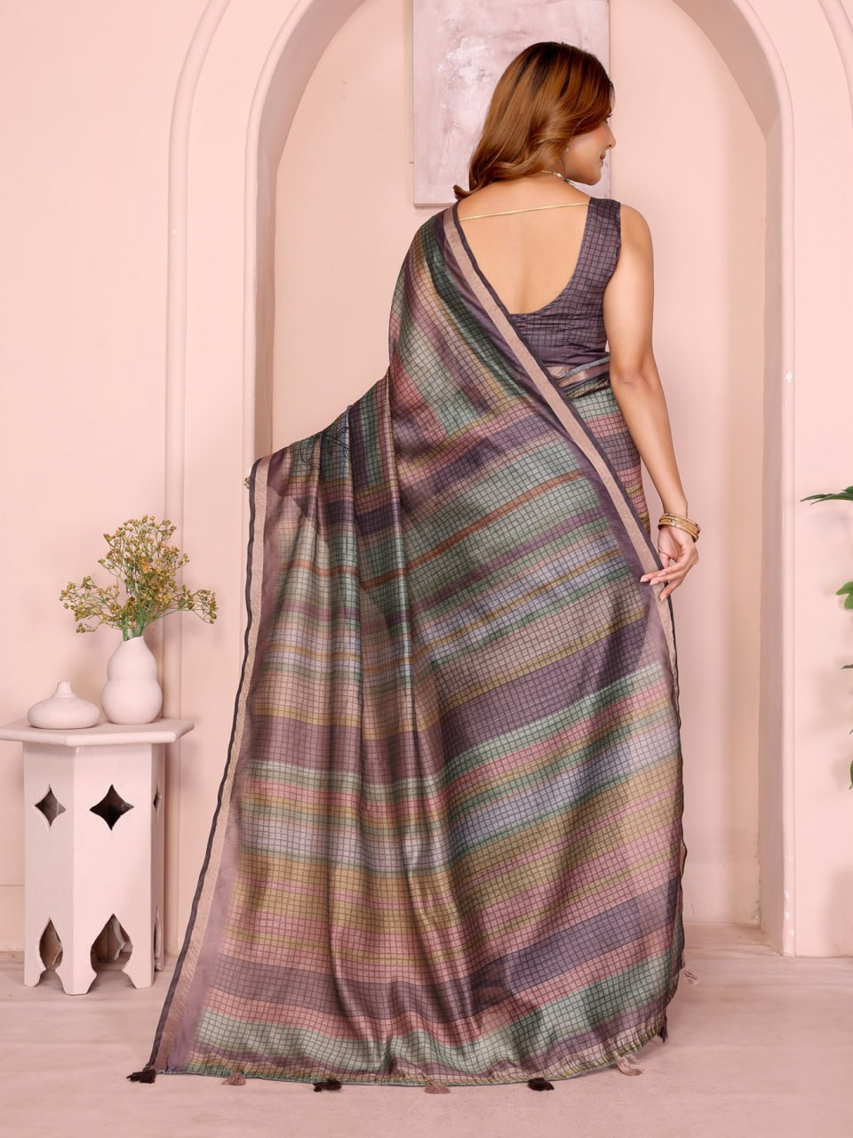 Vibrant Geometric Weaves Chanderi Saree with Contrasting Striped Border