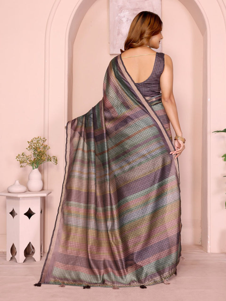 Vibrant Geometric Weaves Chanderi Saree with Contrasting Striped Border