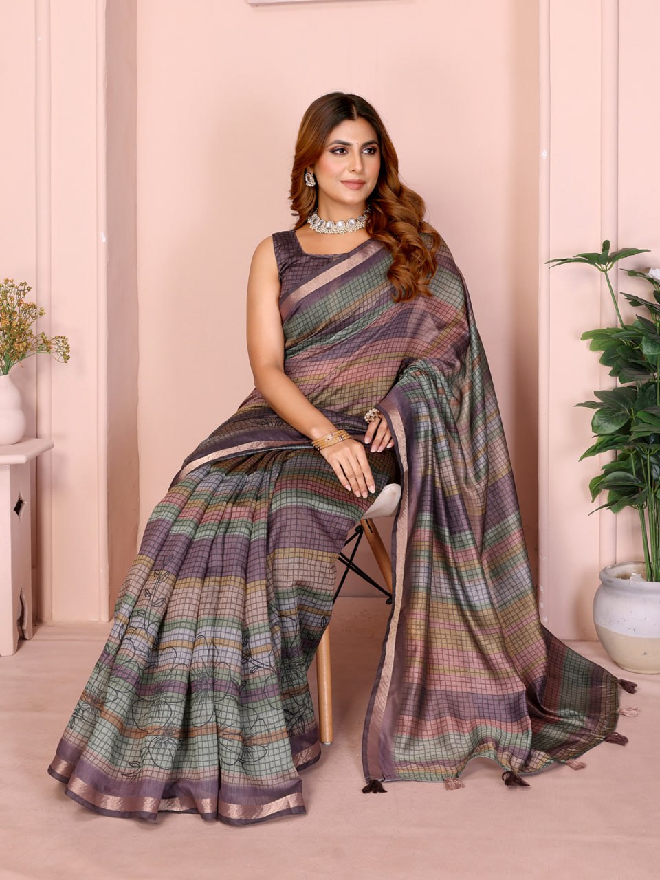 Vibrant Geometric Weaves Chanderi Saree with Contrasting Striped Border