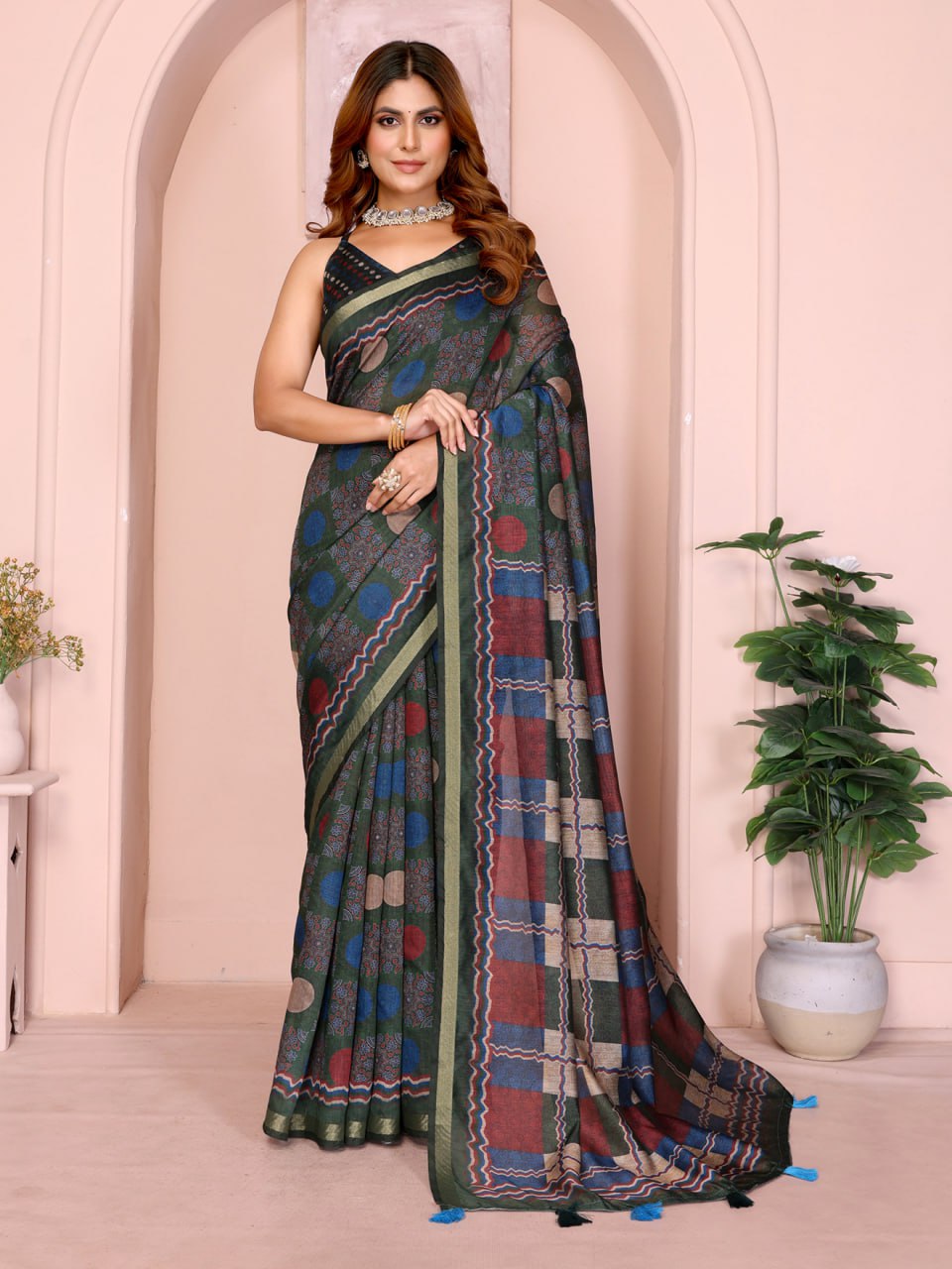 Pastel Multicolor Checked Black Chanderi Saree