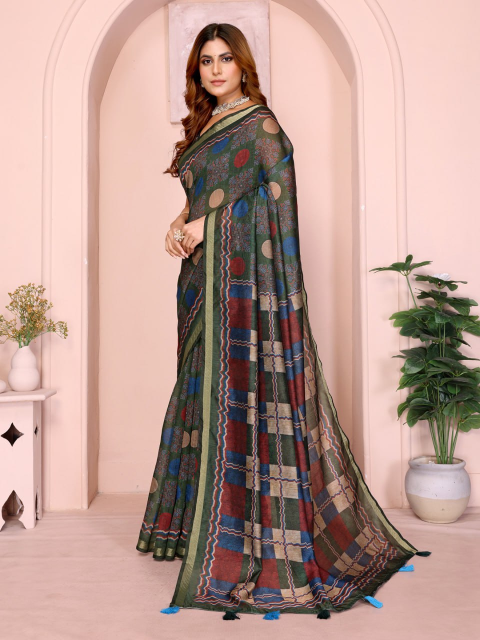 Pastel Multicolor Checked Black Chanderi Saree