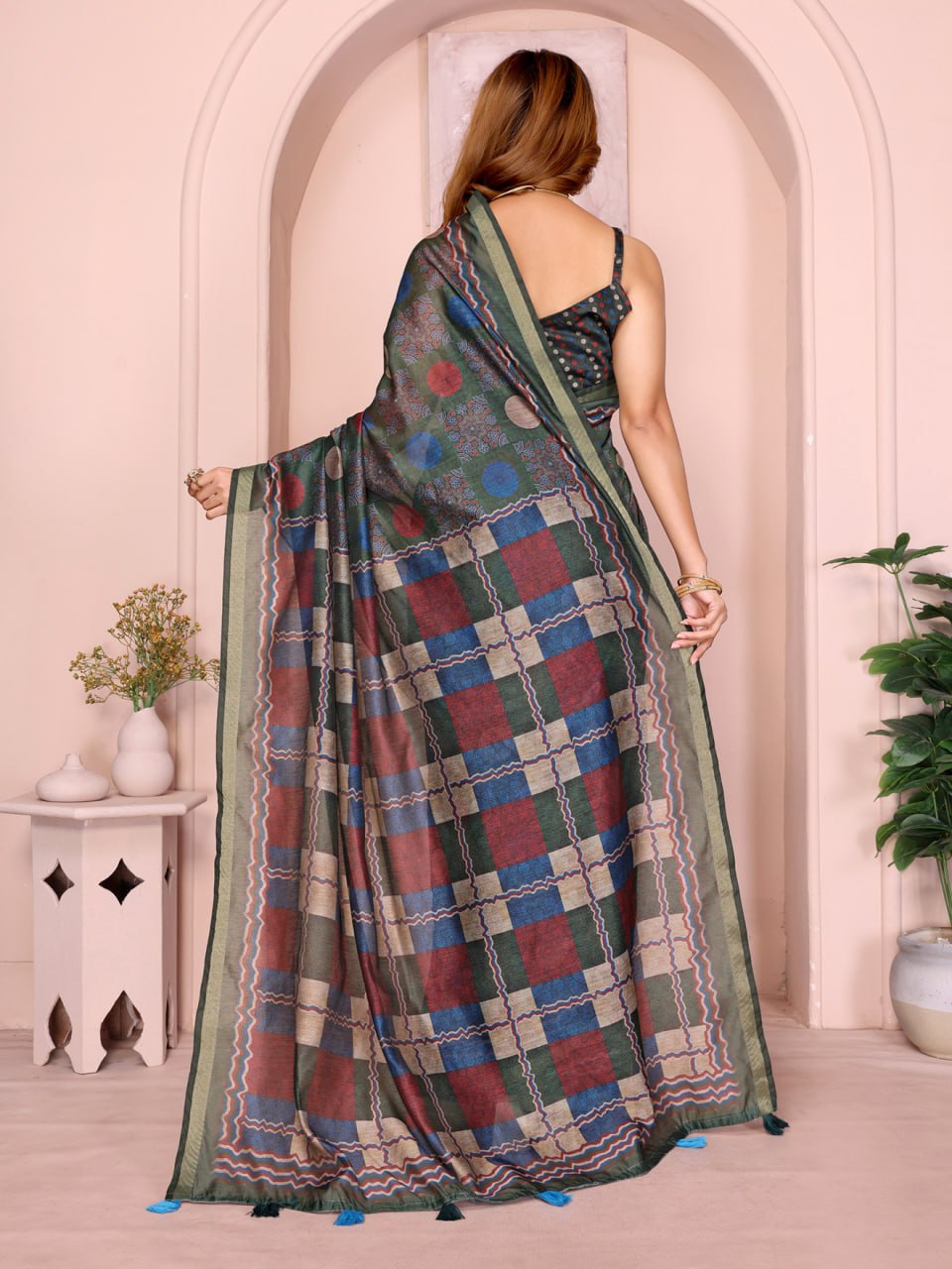 Pastel Multicolor Checked Black Chanderi Saree