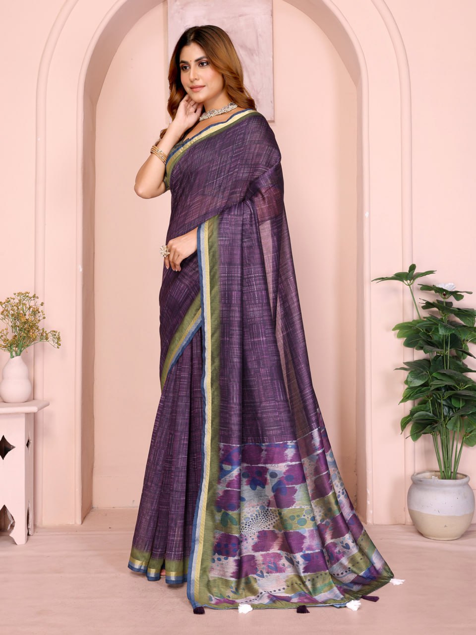 Purple & Green Black Chanderi Saree