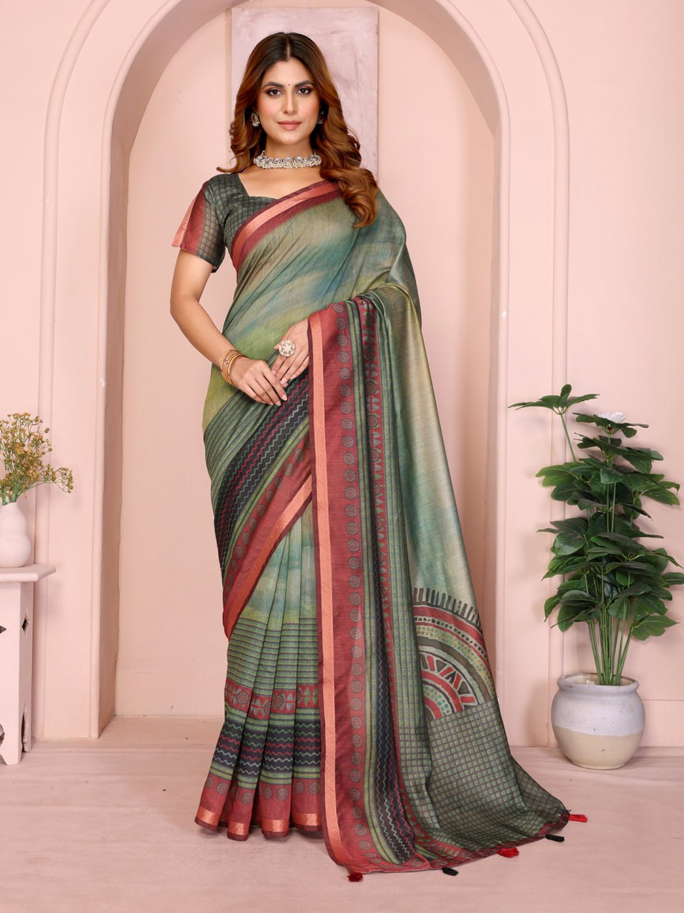 Green & Maroon Black Chanderi Saree