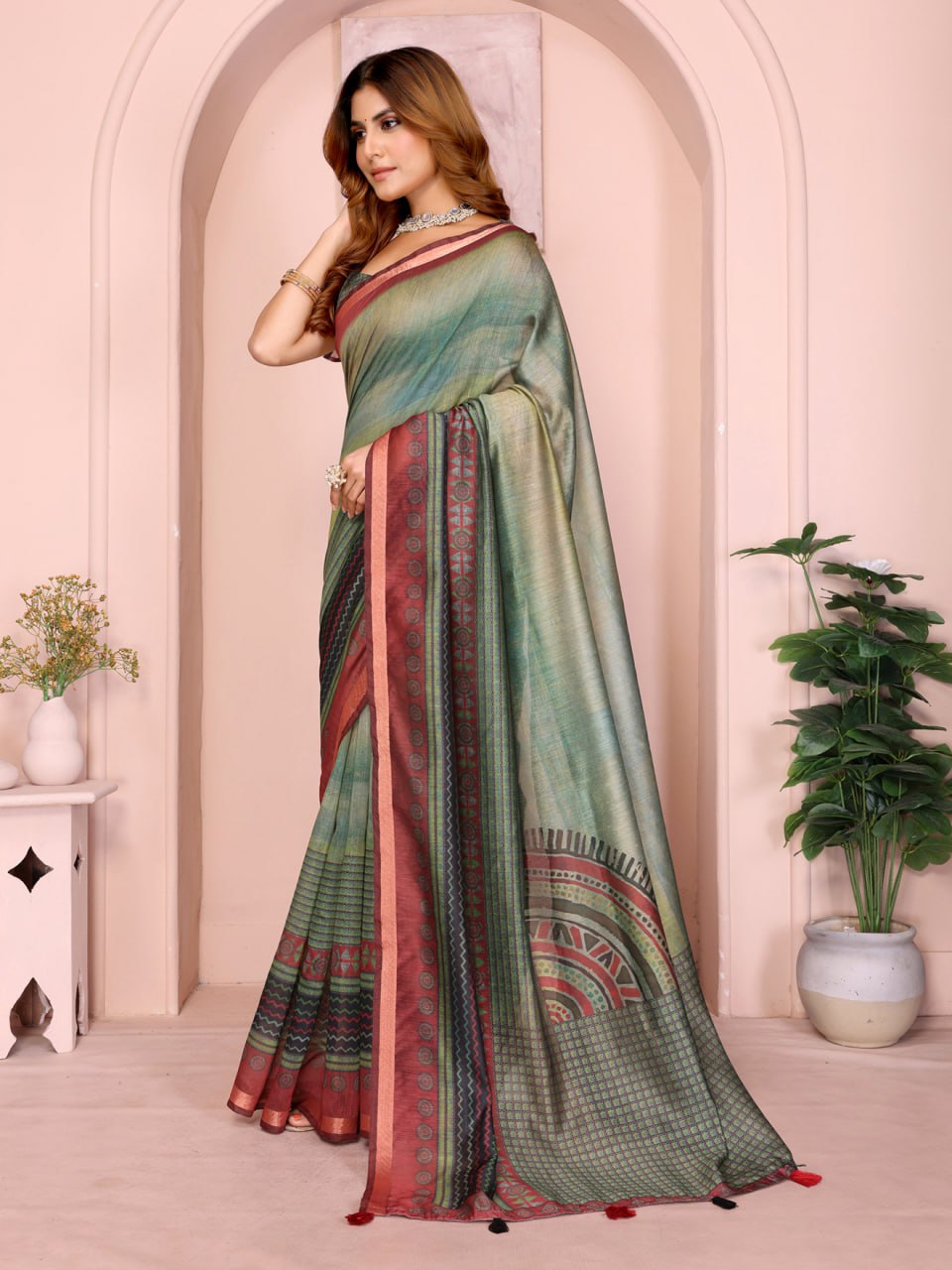Green & Maroon Black Chanderi Saree