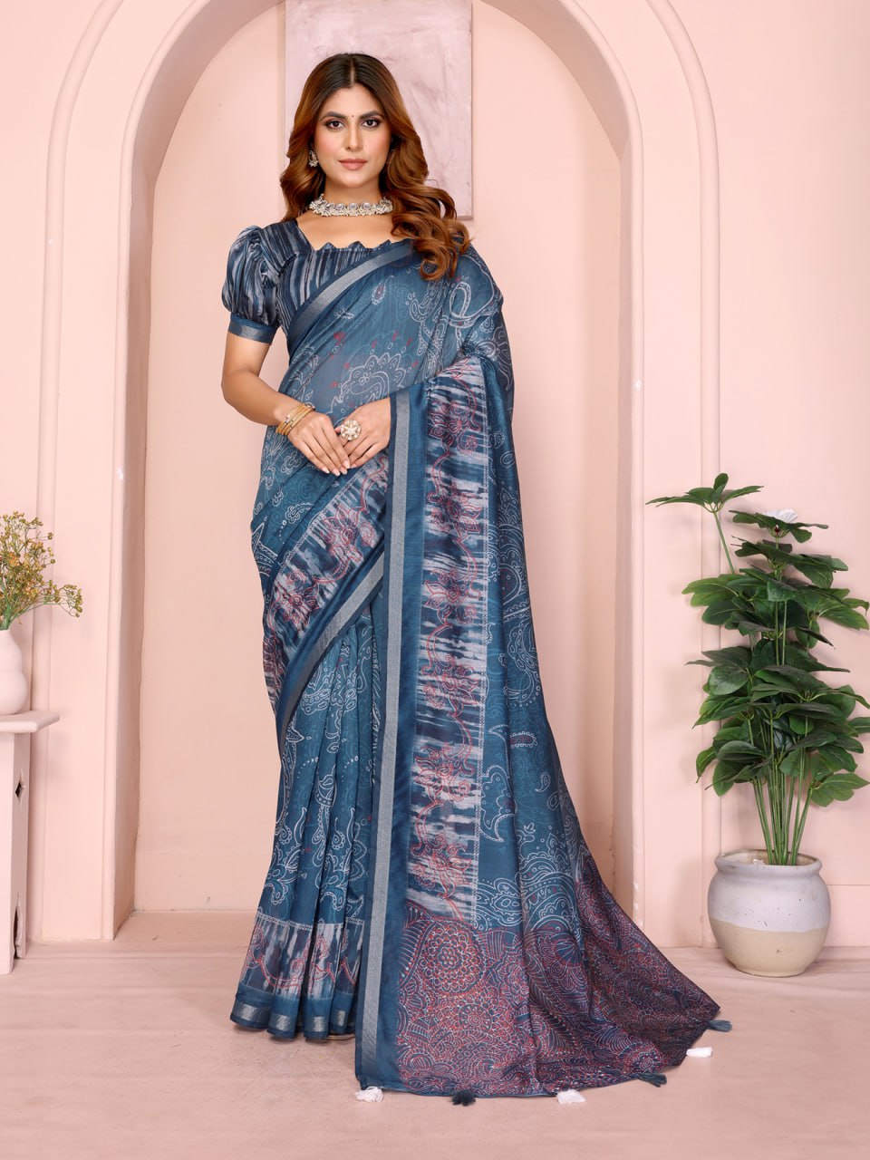Blue Printed Black Chanderi Saree