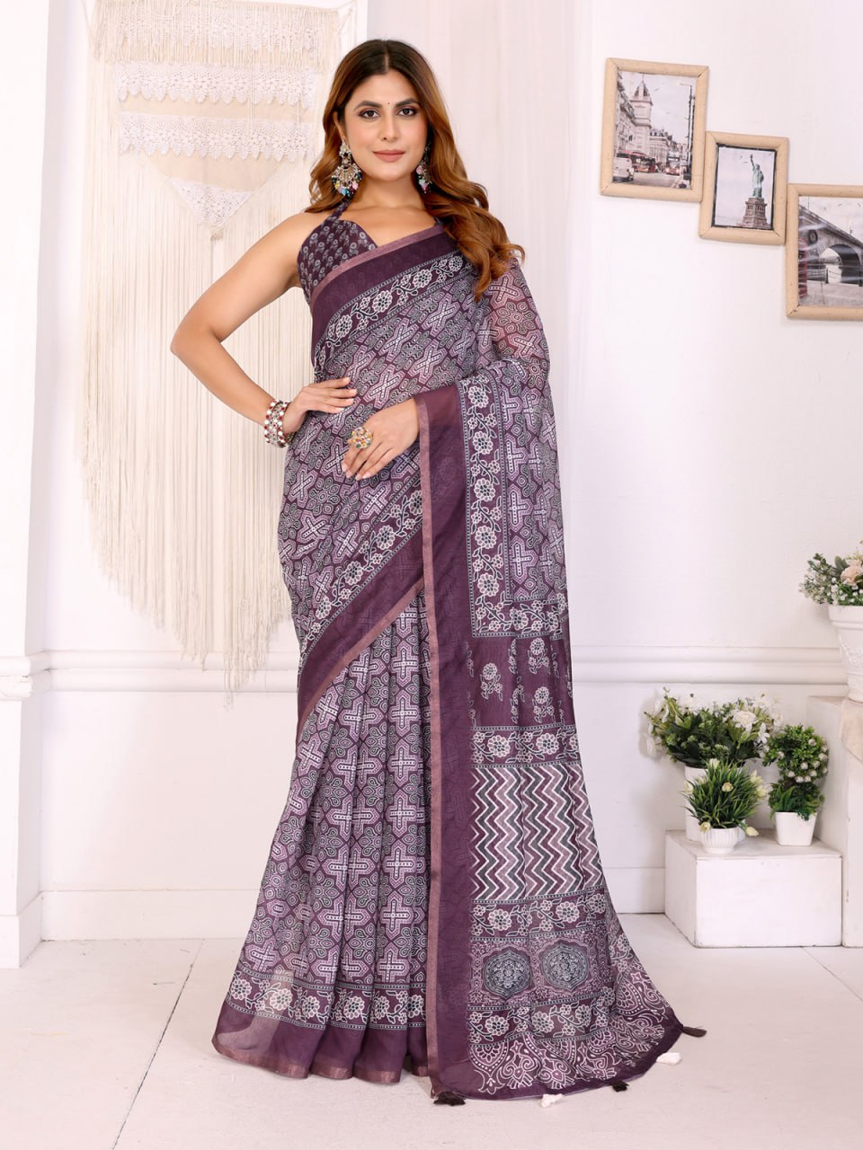 Wine Purple Traditional Printed Chanderi Saree