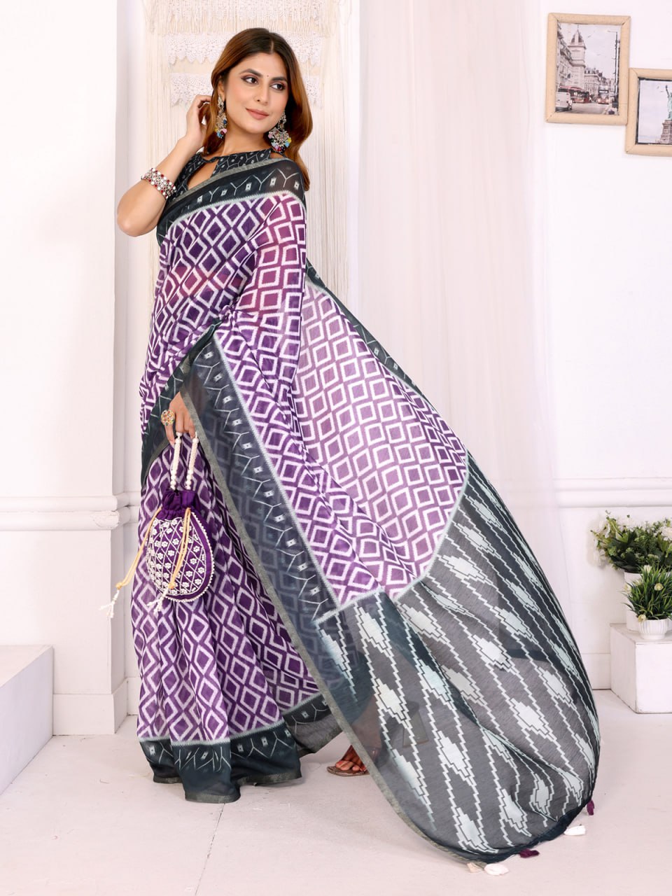 Purple & Black Ikat Printed Chanderi Saree