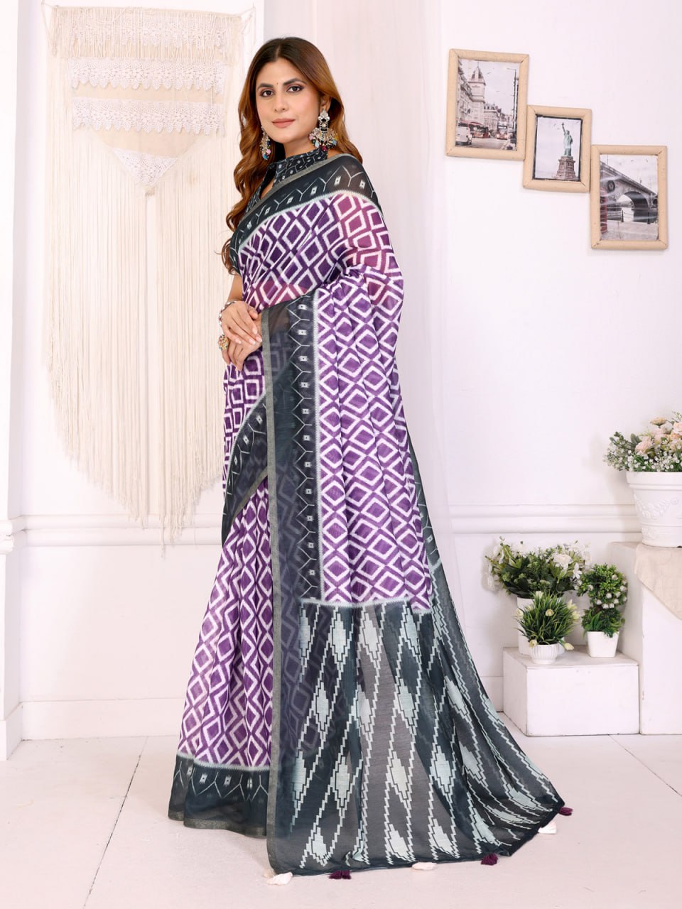 Purple & Black Ikat Printed Chanderi Saree