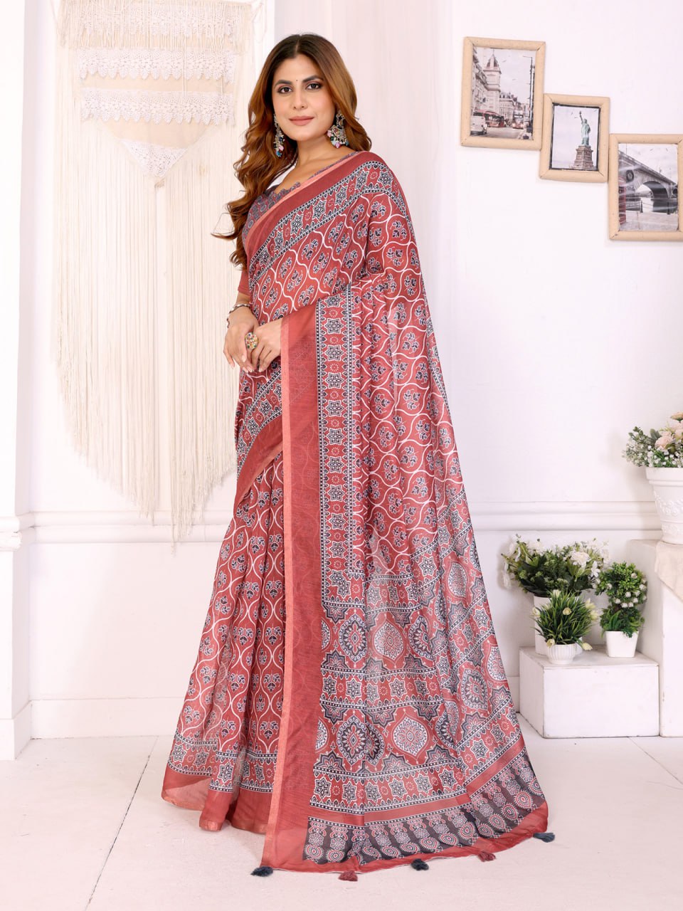 Rust Red Traditional Printed Chanderi Saree