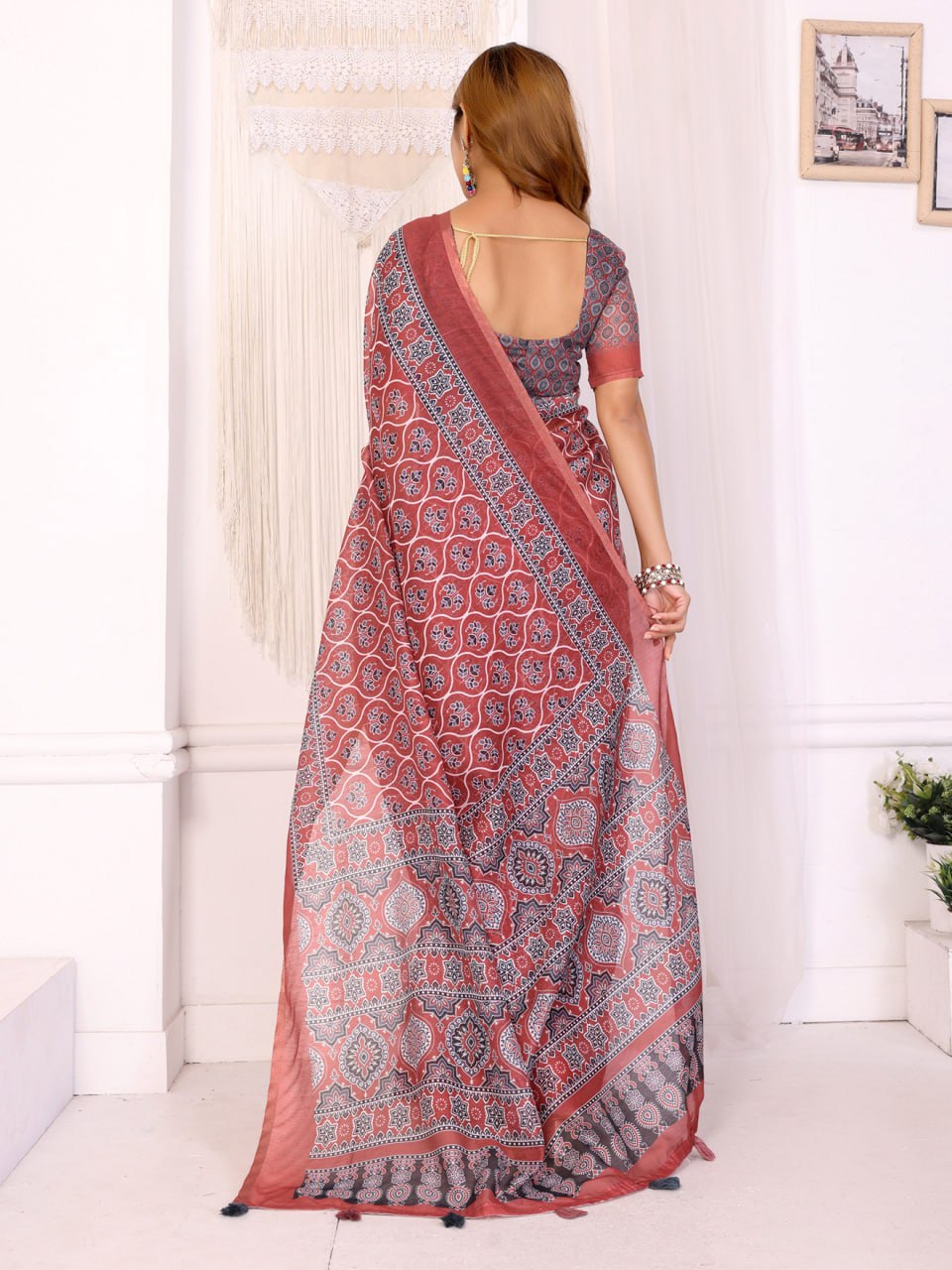 Rust Red Traditional Printed Chanderi Saree