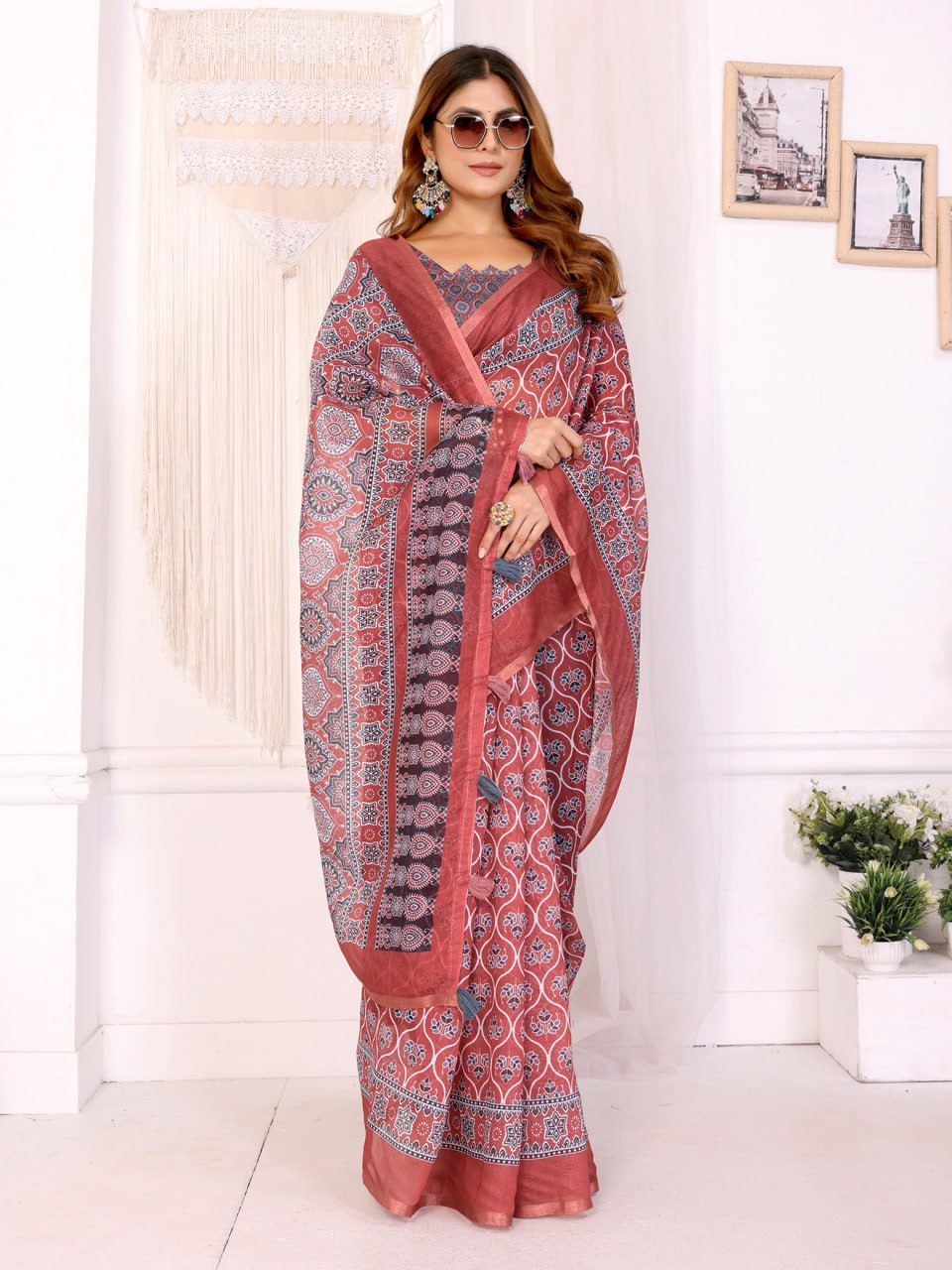 Rust Red Traditional Printed Chanderi Saree