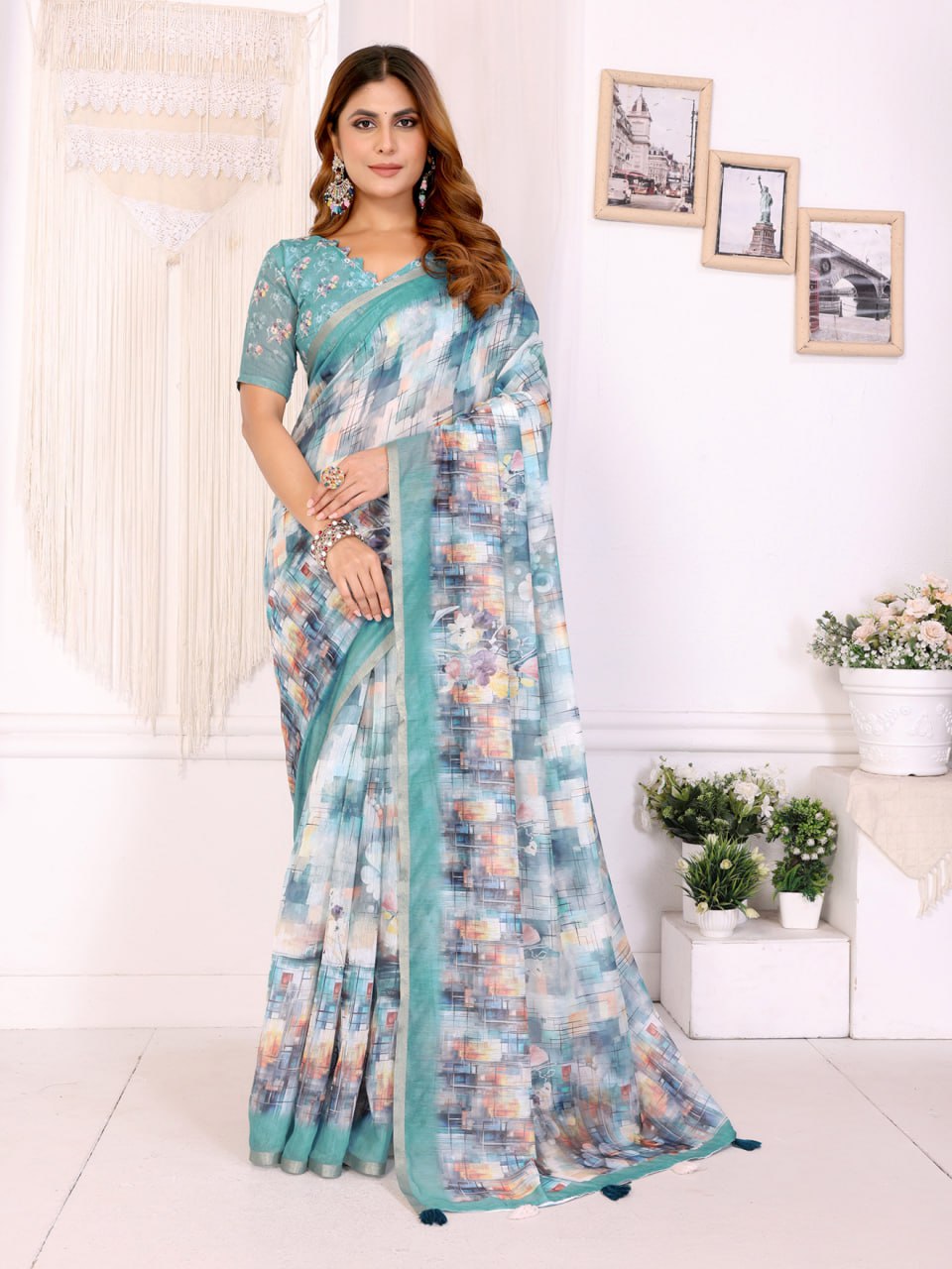 Aqua Blue Digital Abstract Printed Chanderi Saree