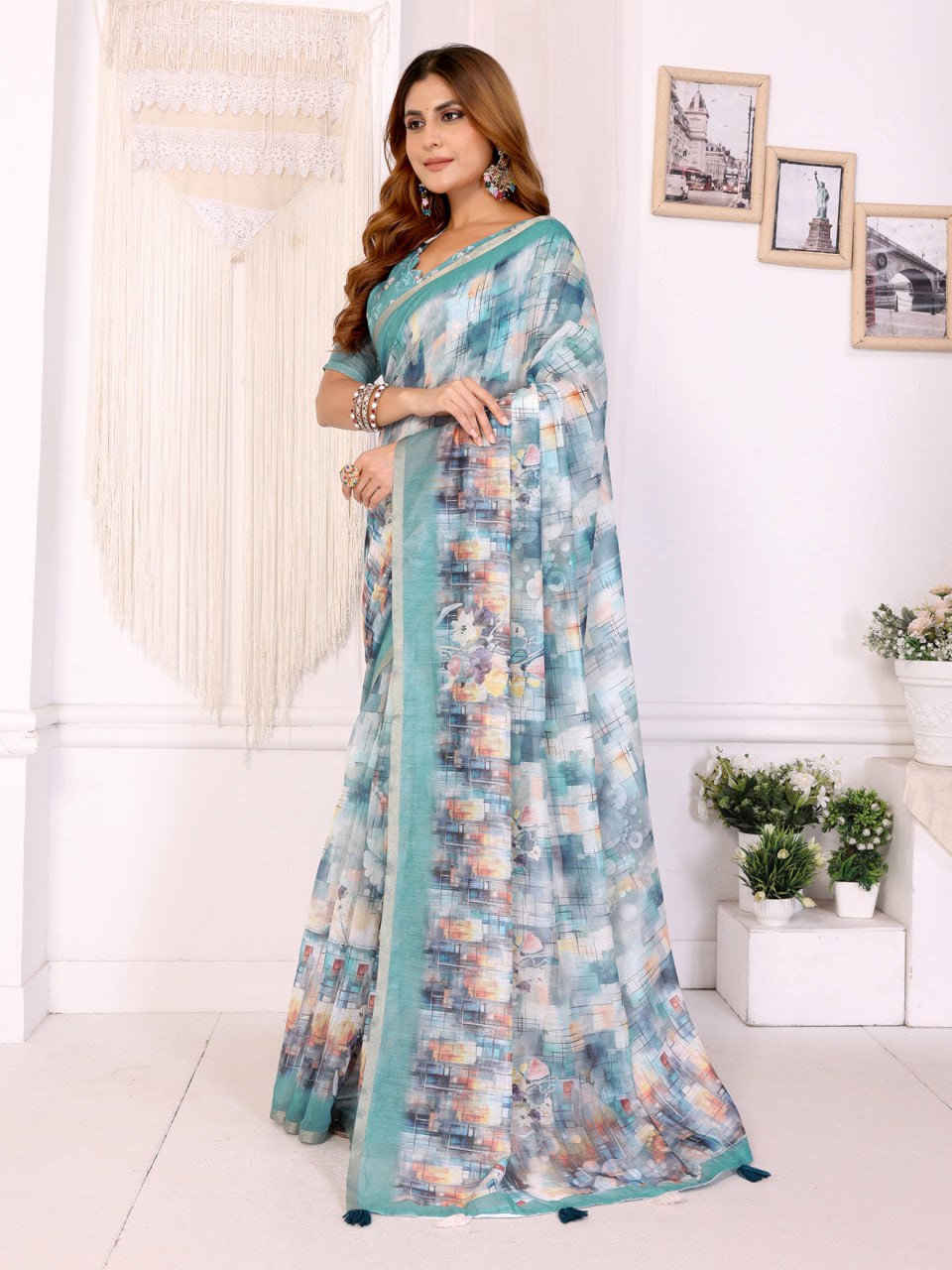 Aqua Blue Digital Abstract Printed Chanderi Saree