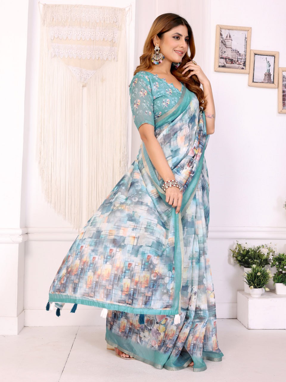 Aqua Blue Digital Abstract Printed Chanderi Saree