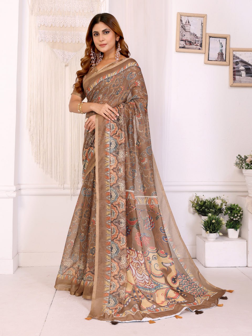 Elegant Coffee Brown Chanderi Digital Print Saree