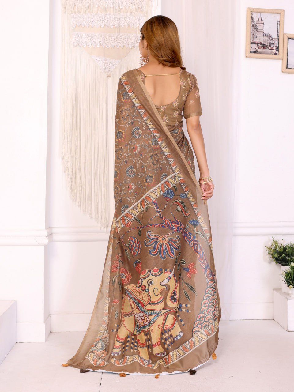Elegant Coffee Brown Chanderi Digital Print Saree