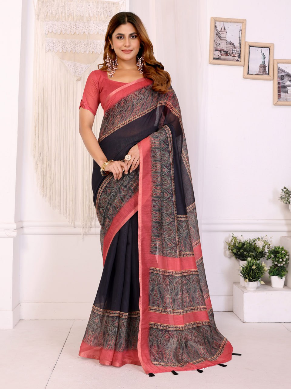 Elegant Black Saree with Reddish Pink Border