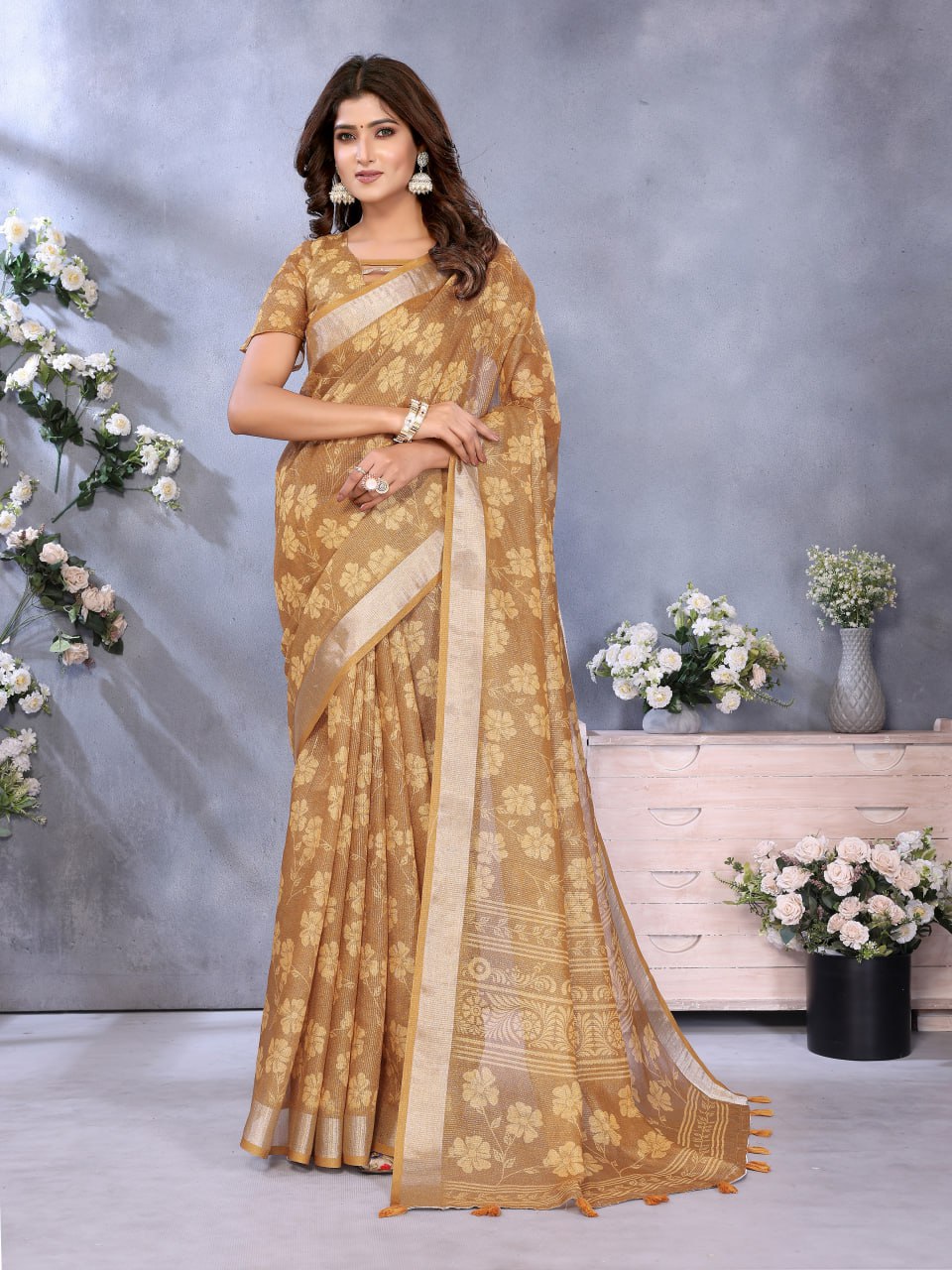 Lavender Yellow Floral Printed Saree