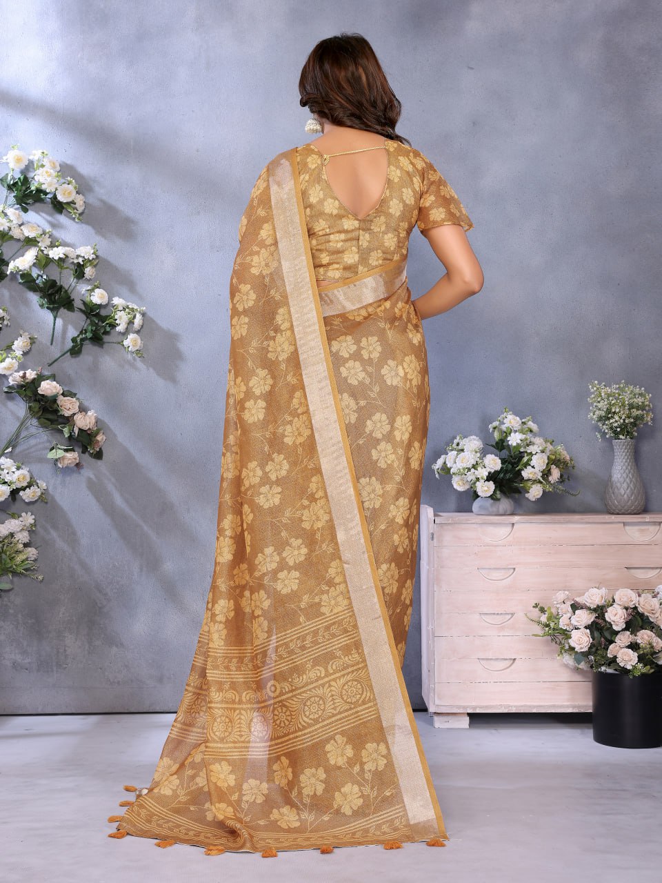 Lavender Yellow Floral Printed Saree