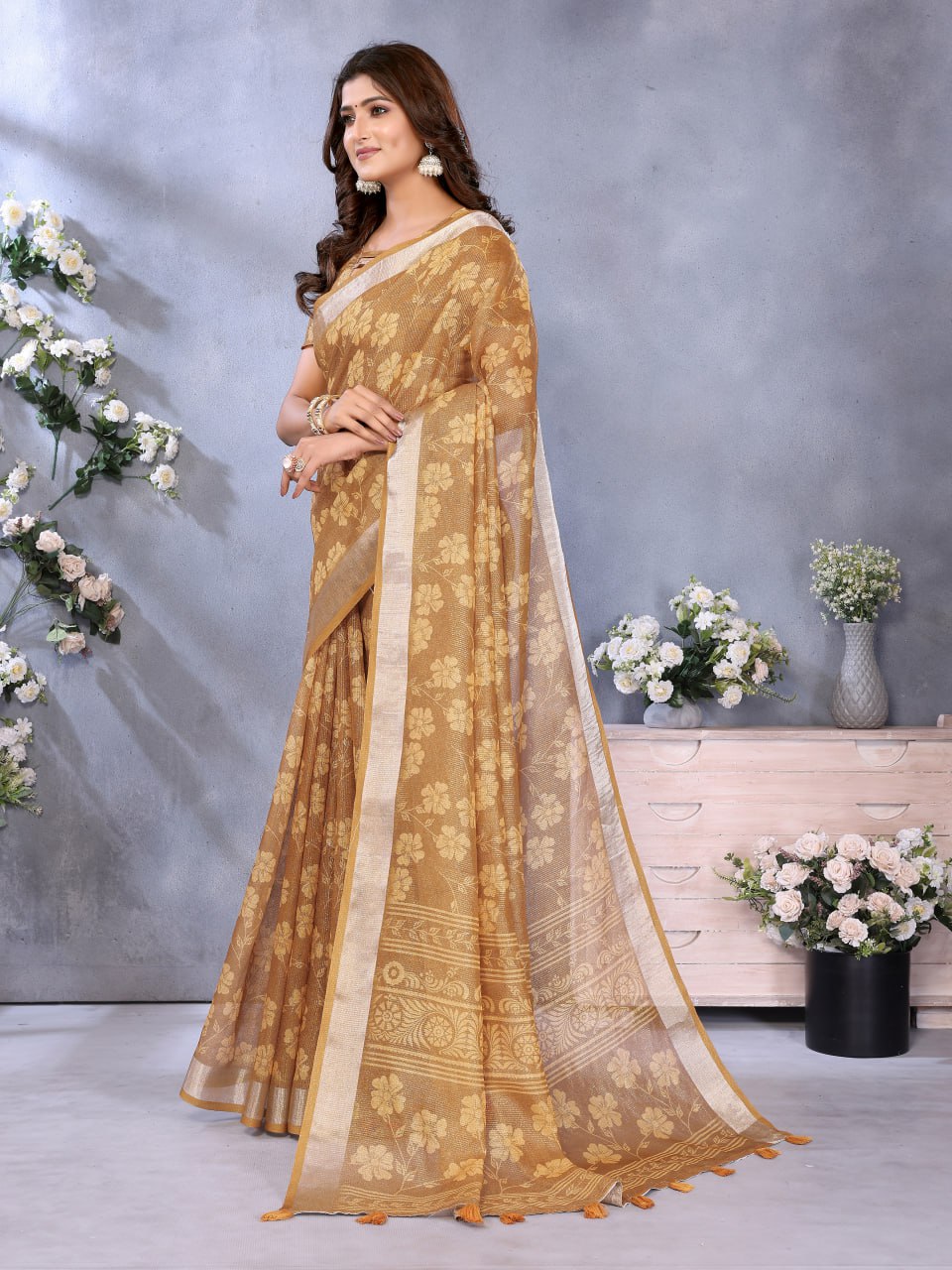 Lavender Yellow Floral Printed Saree
