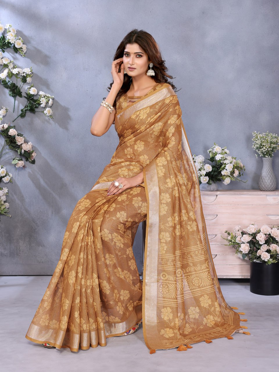 Lavender Yellow Floral Printed Saree