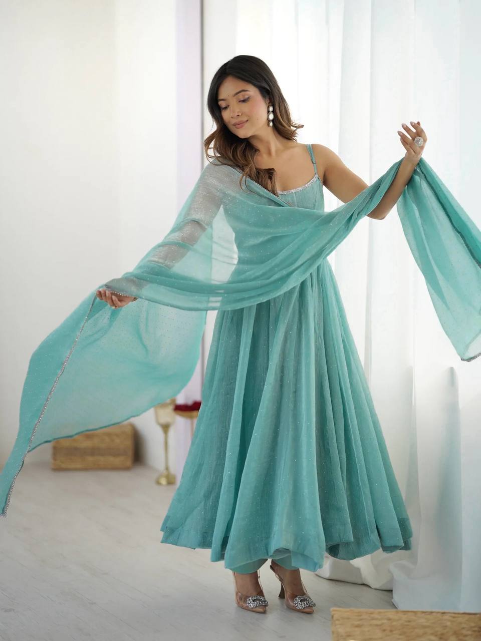 PURE ROMANSILK CHANDERI FABRIC FULLY FLAIR ANARKAL