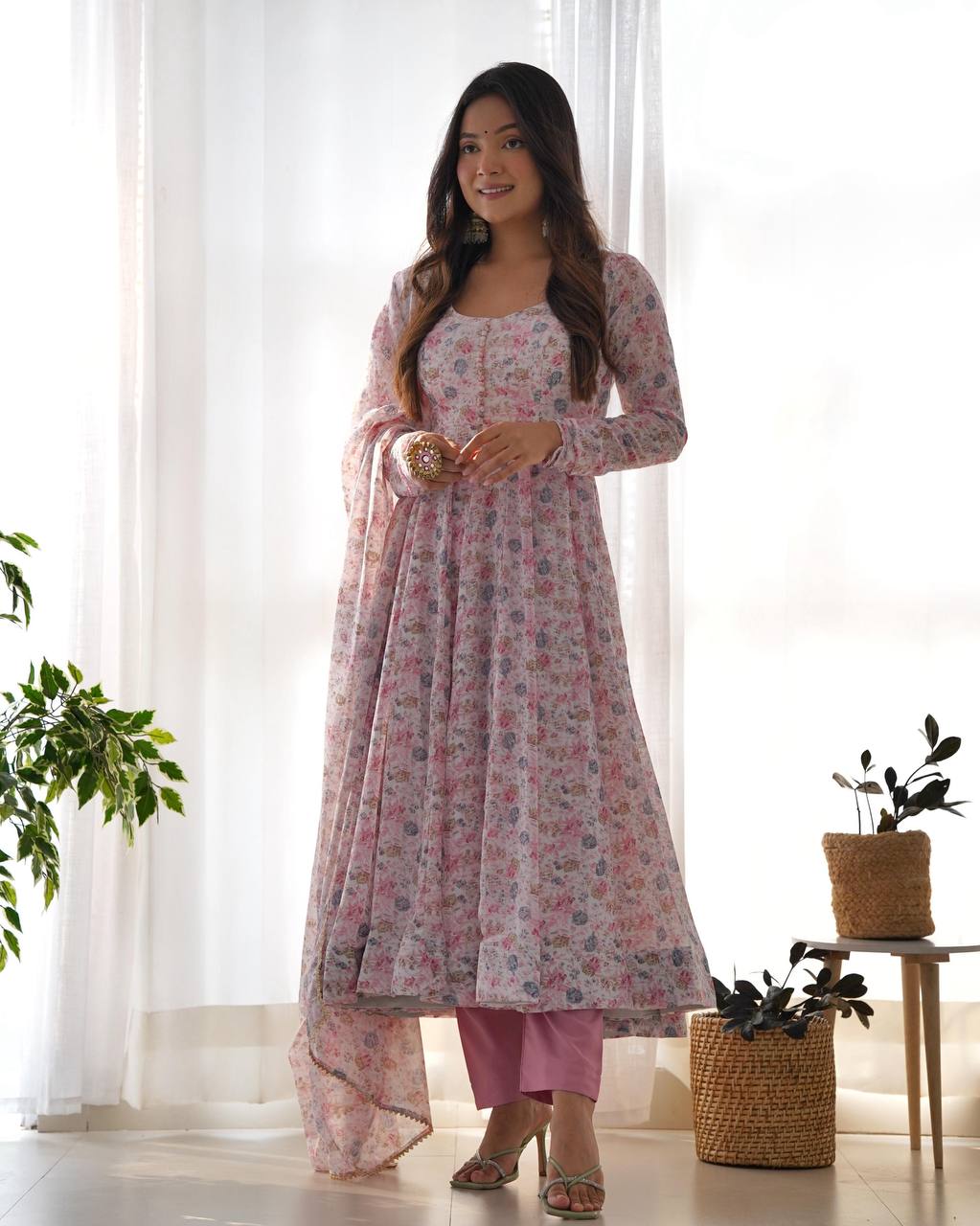 PURE ORANGE CHIFFON FLORAL PRINT FABRIC FULLY FLAIR ANARKALI
