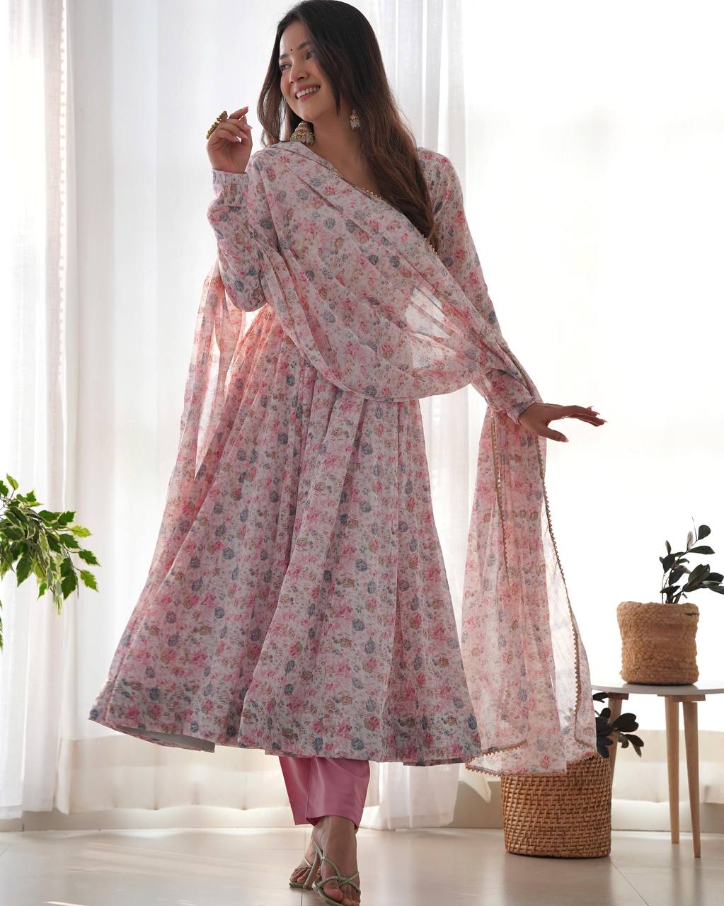 PURE ORANGE CHIFFON FLORAL PRINT FABRIC FULLY FLAIR ANARKALI