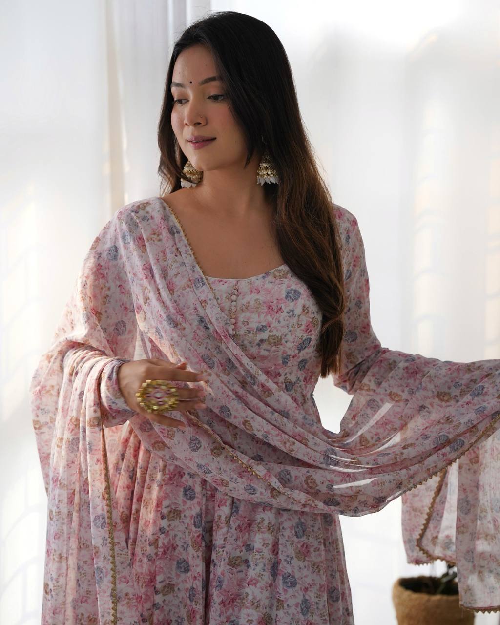PURE ORANGE CHIFFON FLORAL PRINT FABRIC FULLY FLAIR ANARKALI