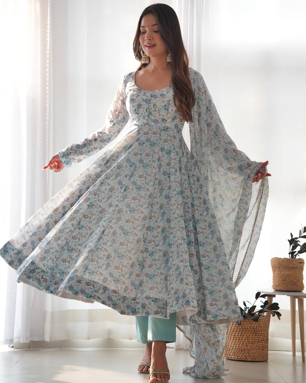 PURE ORANGE CHIFFON FLORAL PRINT FABRIC FULLY FLAIR ANARKALI