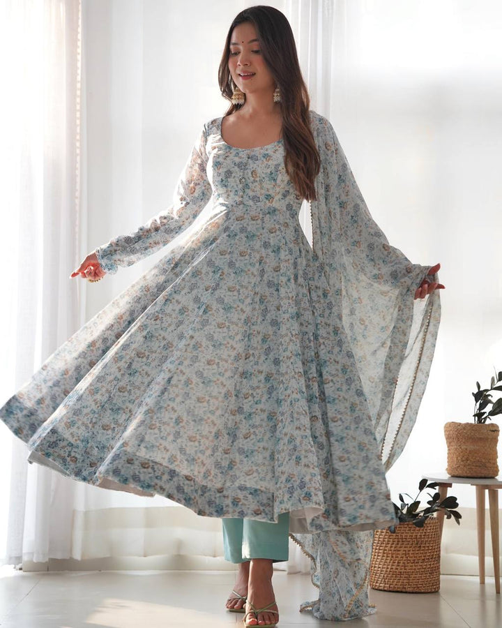 PURE ORANGE CHIFFON FLORAL PRINT FABRIC FULLY FLAIR ANARKALI