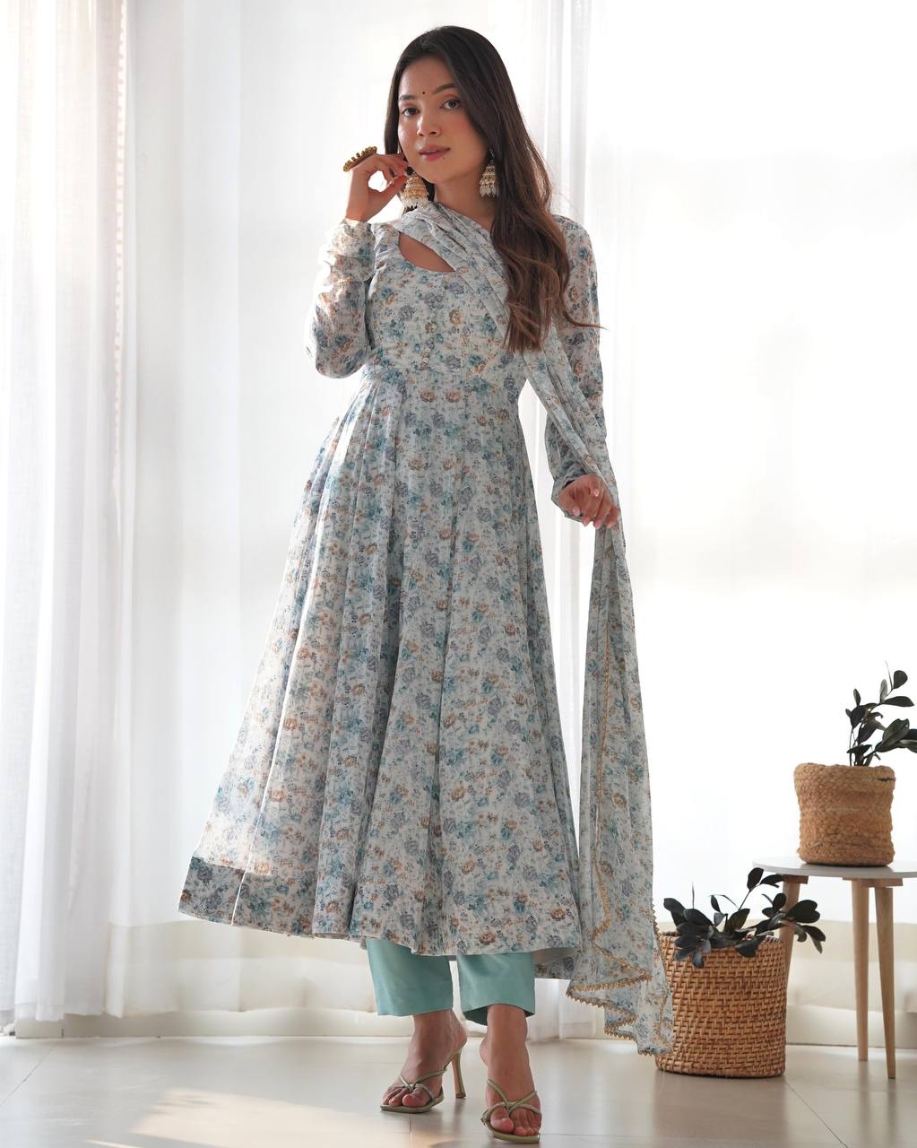 PURE ORANGE CHIFFON FLORAL PRINT FABRIC FULLY FLAIR ANARKALI