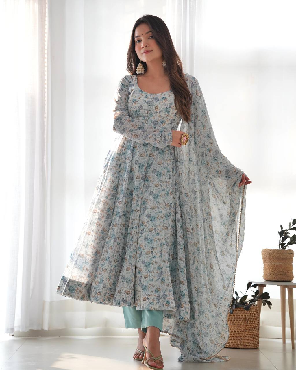 PURE ORANGE CHIFFON FLORAL PRINT FABRIC FULLY FLAIR ANARKALI