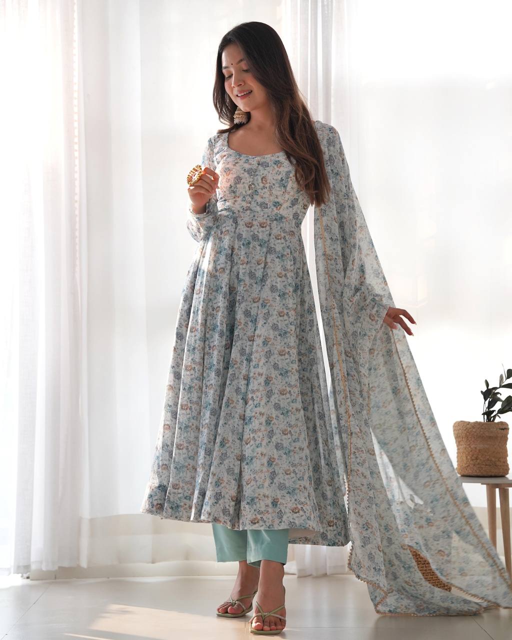 PURE ORANGE CHIFFON FLORAL PRINT FABRIC FULLY FLAIR ANARKALI