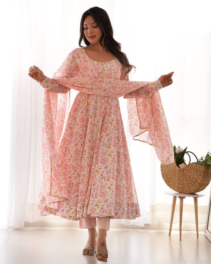 PURE ORANGE CHIFFON FLORAL PRINT FABRIC FULLY FLAIR ANARKALI
