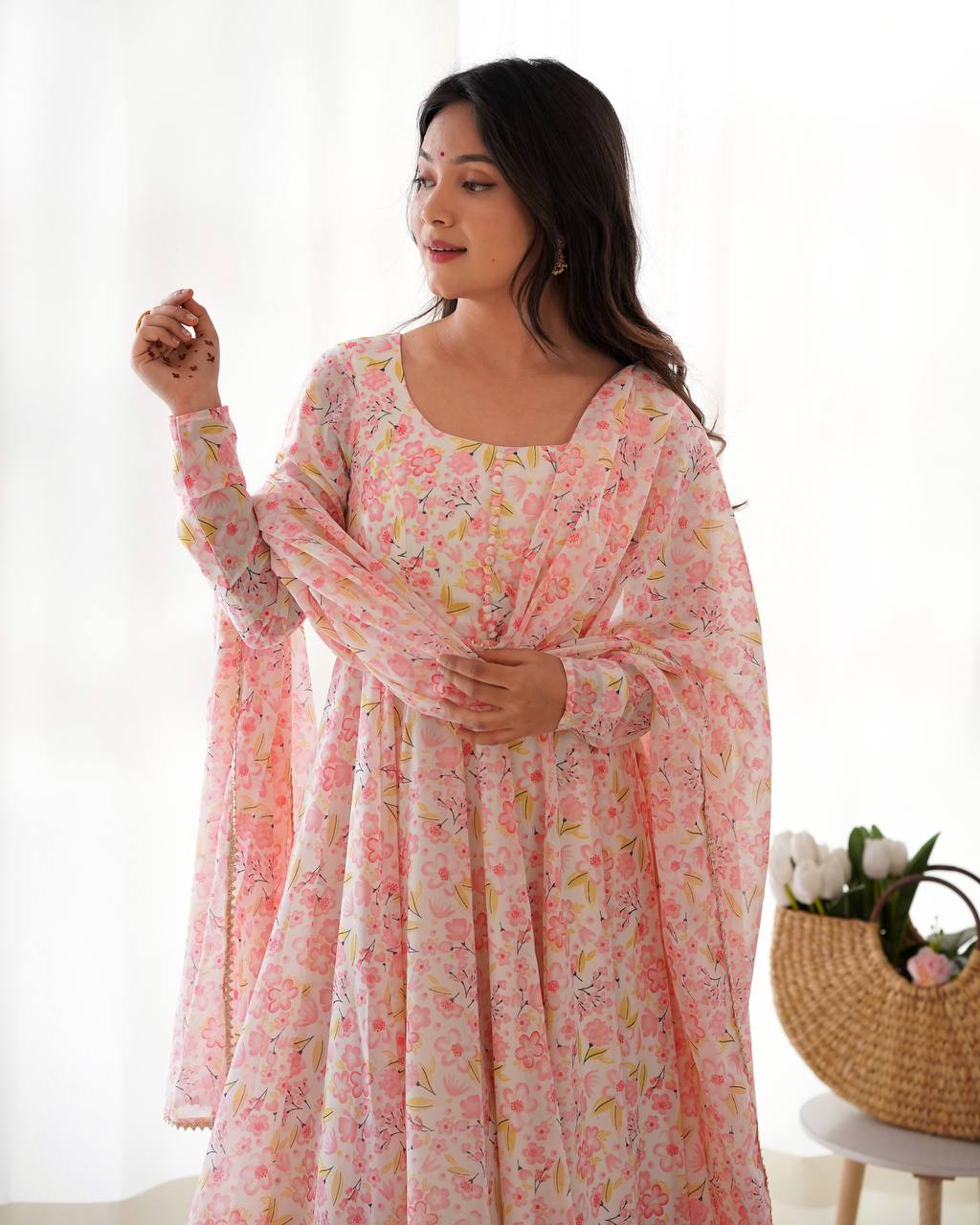 PURE ORANGE CHIFFON FLORAL PRINT FABRIC FULLY FLAIR ANARKALI