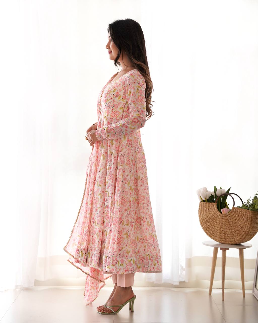 PURE ORANGE CHIFFON FLORAL PRINT FABRIC FULLY FLAIR ANARKALI