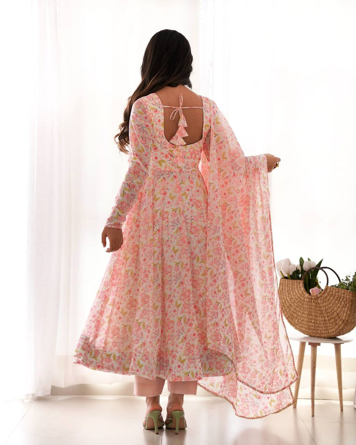 PURE ORANGE CHIFFON FLORAL PRINT FABRIC FULLY FLAIR ANARKALI