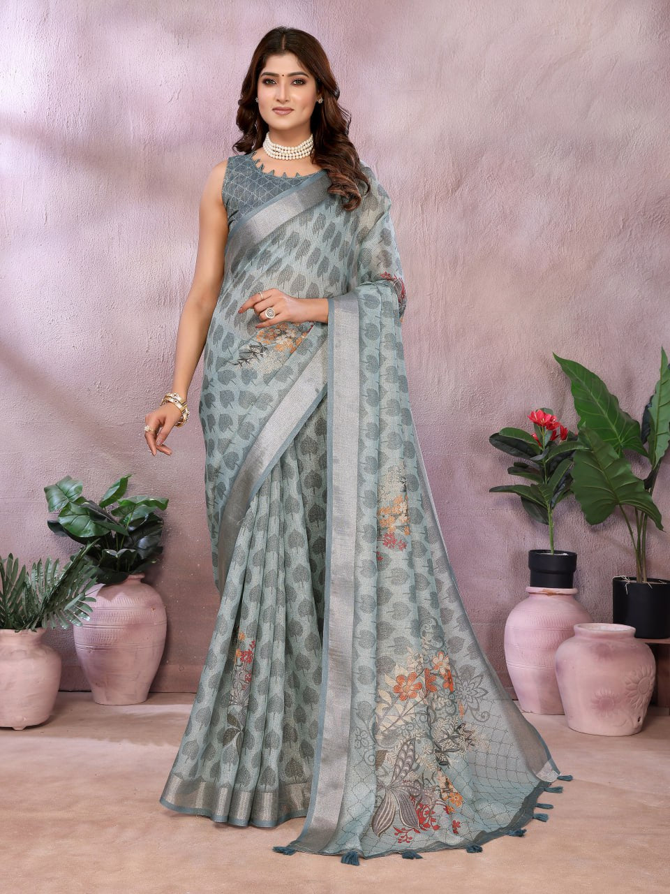Greyish Blue Woven Floral Saree
