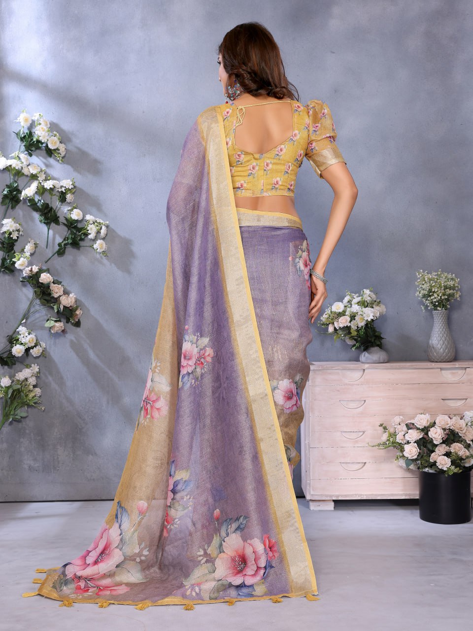 Lavender Yellow Floral Printed Saree