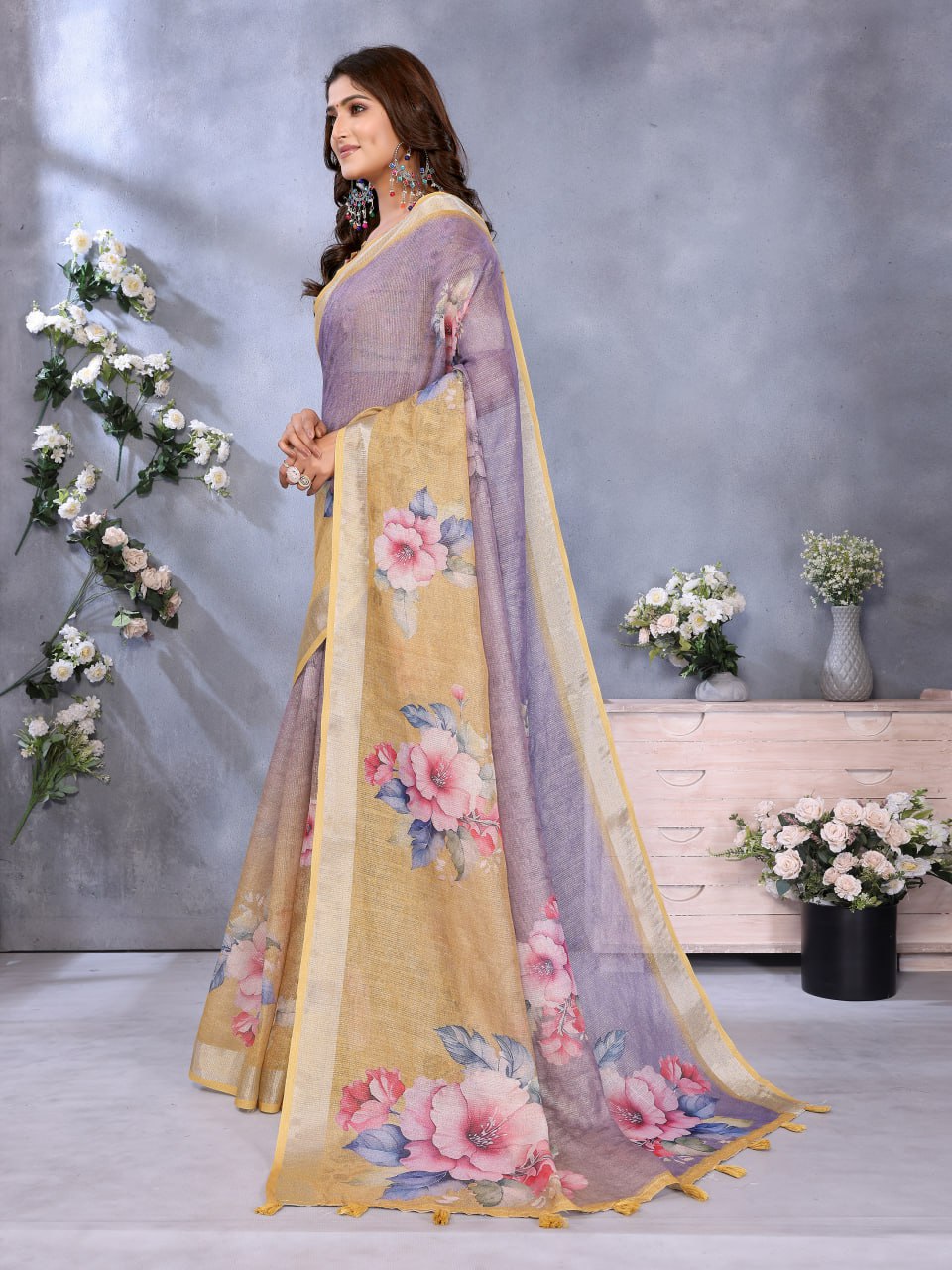 Lavender Yellow Floral Printed Saree