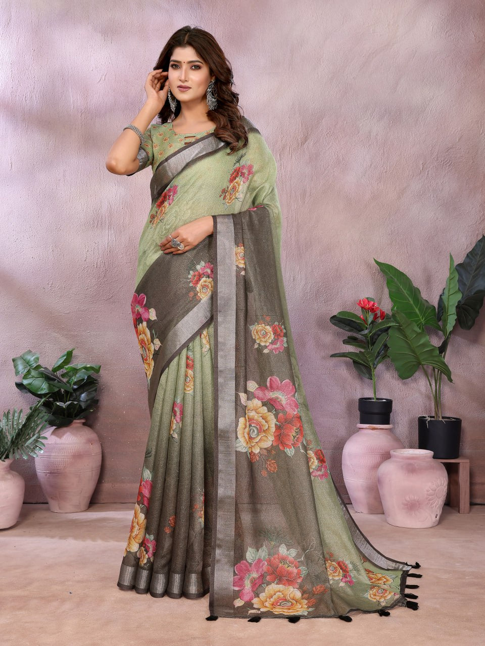 Olive Green & Black Floral Printed Saree