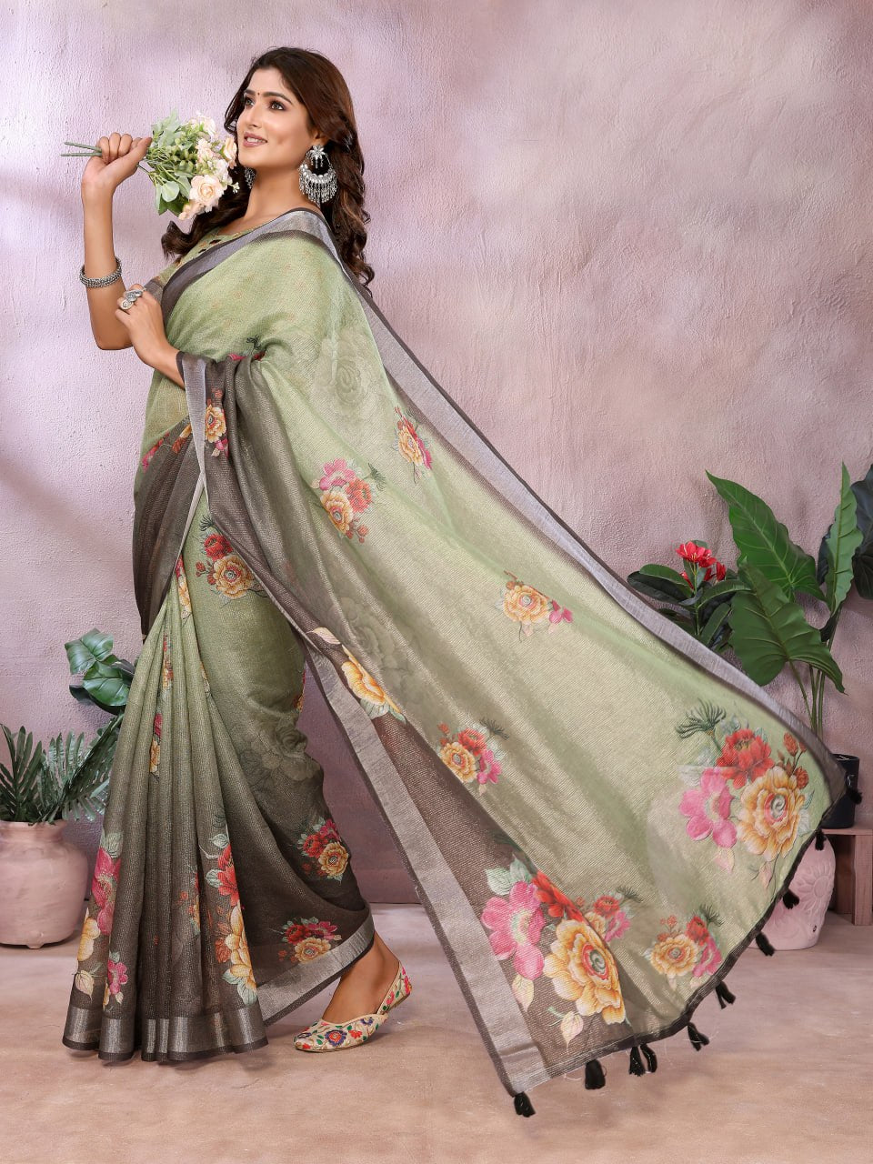 Olive Green & Black Floral Printed Saree