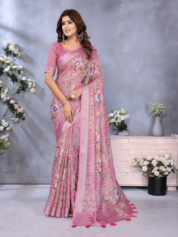 Pink Floral Printed Saree