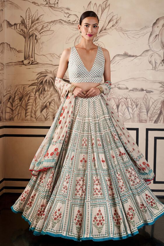 White & Teal Floral Printed Lehenga with Dupatta